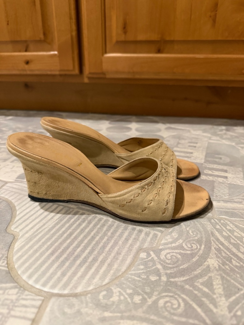 Women's Tan Suede Wedge Slide Heels